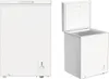 A white chest freezer shown from the front and from the side with the lid open. Produktbild-Vorschau