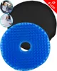 A blue donut-shaped gel cushion is shown next to a black cushion and two inset images of women using a car and a laptop. Produktbild-Vorschau