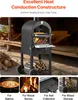 A pizza oven with a fire inside, set up outdoors with firewood nearby. Smaller inset images show a pizza, burning wood, an ash tray, and stored firewood. Produktbild-Vorschau