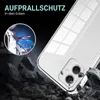 A clear phone case is shown in a dramatic setting with rocks falling around it, illustrating its protective qualities. Produktbild-Vorschau