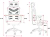 Diagrams of an ergonomic office chair with dimensions indicated by red lines and numbers. Voir les images du produit