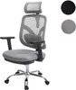 A gray ergonomic office chair with a headrest and armrests, shown against a white background. There are two circular swatches of fabric to the right of the chair, one black and one gray. Náhľad obrázku produktu