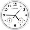 A white analog wall clock with a thermometer and hygrometer. Produktbild-Vorschau