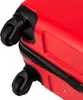 A close-up view of the wheels and zipper of a red suitcase. Produktbild-Vorschau