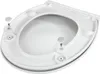 A white toilet seat with its lid open, showing the underside and mounting hardware. Produktbild-Vorschau