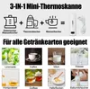 A collage of images showcasing a 3-in-1 mini thermos jug and its various uses, with text describing its features and applications. Produktbild-Vorschau