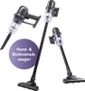 A collage of a cordless vacuum cleaner in different configurations, with a circular graphic overlay. Produktbild-Vorschau