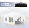 Diagram showing the dimensions of a white pop-up pavilion and its storage bag. Voir les images du produit