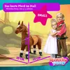 A plush toy horse with two children standing next to it, with dimensions indicated. Produktbild-Vorschau