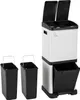 A white and silver multi-compartment trash can with black inner bins and lids, shown with two additional black inner bins to the left. Produktbild-Vorschau