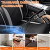 A handheld vacuum cleaner is shown being used to clean dirt from a car seat. Below are four smaller images showing different cleaning scenarios: dust, paper scraps, pet hair, and food crumbs. Produktbild-Vorschau