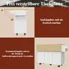 A collage of images showing a white kitchen cart with a wooden countertop, demonstrating its folding and storage features. Voir les images du produit