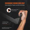 A close-up of a hand gripping an exercise bar, with text overlays highlighting product features. Podgląd zdjęcia produktu