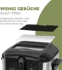 A close-up marketing image of a deep fryer with filters shown above it, highlighting its odor reduction feature. Produktbild-Vorschau