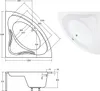 Technical drawings and a photograph of a corner bathtub. Produktbild-Vorschau