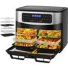 A dual-chamber air fryer with food inside, and accessories shown to the side. Produktbild-Vorschau