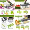 A collage of images showcasing a multi-functional vegetable slicer and its various attachments and features, with some images showing the product in use and others displaying individual components. Náhled obrázku produktu