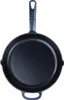 A top-down view of a black cast iron frying pan with blue handles against a white background. Produktbild-Vorschau