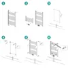 Diagrams showing the assembly and installation steps for a towel radiator. Produktbild-Vorschau