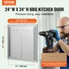 A man is shown installing a stainless steel BBQ kitchen door with a drill. The door is mounted on a wall, and dimensions are indicated. Náhľad obrázku produktu