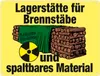 A yellow sign with black text and an illustration of stacked logs and a radiation symbol. Produktbild-Vorschau