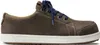 A side view of a brown Birkenstock shoe with blue laces and a white sole. Produktbild-Vorschau