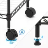 A collage of close-up shots of a black metal shelving unit, highlighting its wheels and adjustable feet. Produktbild-Vorschau