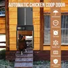 An automatic chicken coop door is installed on a wooden chicken coop, with a chicken standing on the ramp. Produktbild-Vorschau