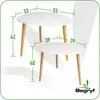 Two white, triangular-shaped tables with wooden legs are shown with dimensions indicated by green lines and numbers. Produktbild-Vorschau