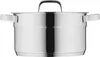 A stainless steel pot with a lid and handles, shown from the front on a white background. Produktbild-Vorschau