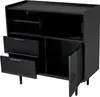 A black sideboard cabinet with two drawers open and one door open. Podgląd zdjęcia produktu