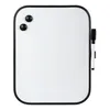 A white board with black trim, two black magnets, and a black and white marker with a holder attached to the side. Produktbild-Vorschau