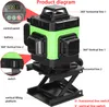 A product diagram of a green and black laser level with labels pointing to different parts and features. Produktbild-Vorschau