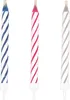 Three birthday candles with spiral patterns in blue, pink, and gray, set against a white background. Anteprima dell’immagine prodotto