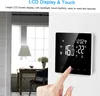 A hand is shown interacting with a smart thermostat mounted on a wall, with a blurred background of a room. Produktbild-Vorschau
