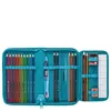 An open pencil case filled with colored pencils, pens, a ruler, and a sharpener. Voir les images du produit