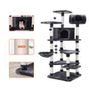 A collage of images showing a cat tree with a cat inside one of the cubbies, a close-up of the sisal rope scratching post, and a close-up of the base of the cat tree. Produktbild-Vorschau