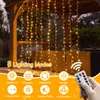A string of warm white LED lights hanging in strands, set up outdoors under a wooden gazebo. Produktbild-Vorschau