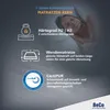 A woman sleeping on a mattress, with marketing text and icons describing the mattress features. Produktbild-Vorschau