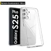 A clear protective phone case is shown next to a phone displaying its model name. Produktbild-Vorschau