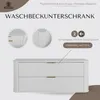 A marketing image for a white bathroom cabinet with fluted fronts and oval shape, highlighting its features. Produktbild-Vorschau