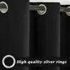 Close-up of black curtains with silver grommets, with text overlay highlighting product features. Náhled obrázku produktu