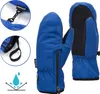 A pair of blue winter mittens with black accents, displayed from multiple angles and with close-up details. Produktbild-Vorschau