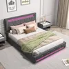 A modern bedroom with a grey upholstered bed featuring pink LED lighting. Produktbild-Vorschau