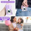 A collage showing a purple digital camera being held, placed in a pocket, and given as a gift to a child by a mother. Produktbild-Vorschau