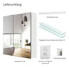 A product image showing a mirrored cabinet and its accessories, with text labels in German. Produktbild-Vorschau