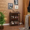 A bar cart filled with bottles and glasses, set against a wall with decorative lights and artwork. Podgląd zdjęcia produktu