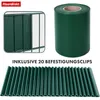A collage of images showing a roll of green PVC privacy screen, a close-up of a fence with the screen installed, and a row of green clips. Podgląd zdjęcia produktu