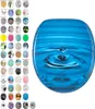 A collage of various toilet seat designs next to a single toilet seat with a water droplet design. Náhľad obrázku produktu