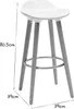 A white bar stool with gray legs and a silver footrest, with dimensions indicated by text and lines. Produktbild-Vorschau